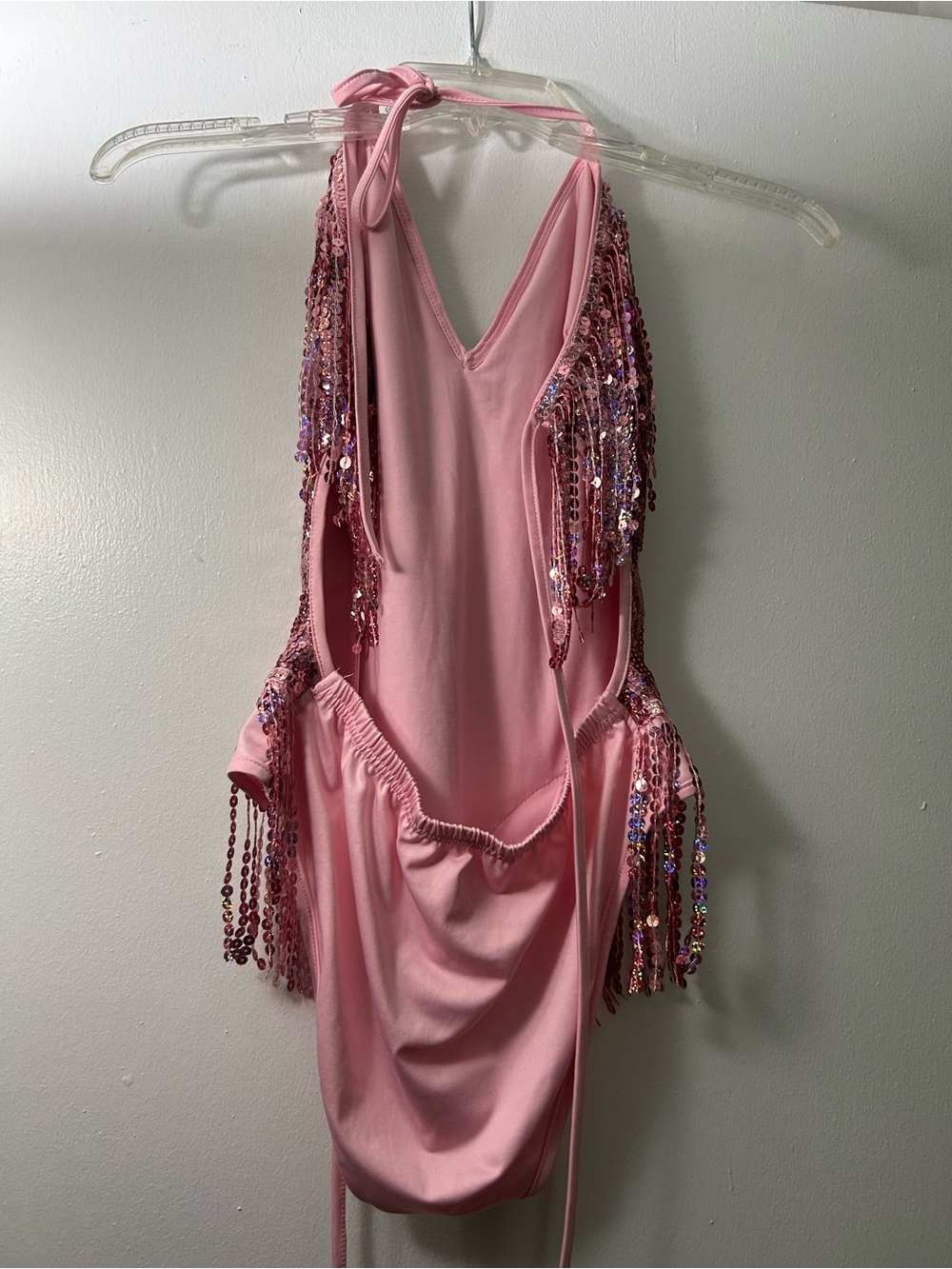 Amazon Pink Sequin Fringe Halter Bodysuit